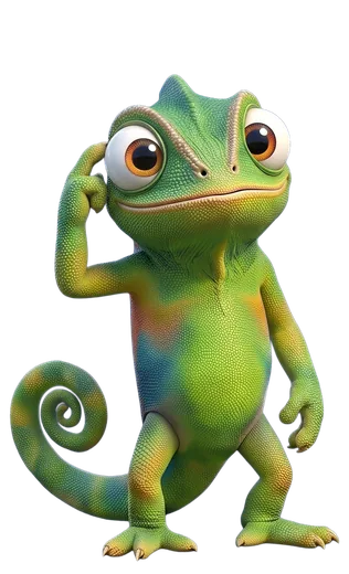 Nex, the Unexus chameleon, thinking with a finger at his temple