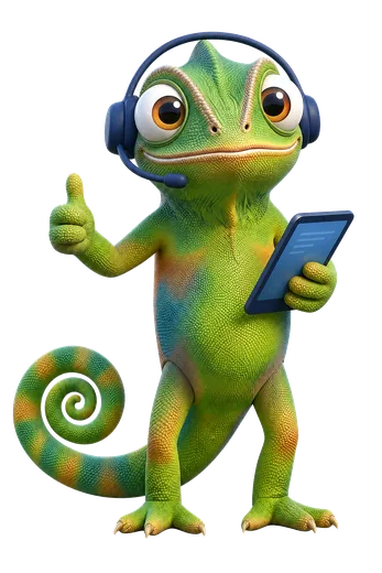 Nex, de kameleon van Unexus, met een headset en een tablet, en zijn duim omhoog